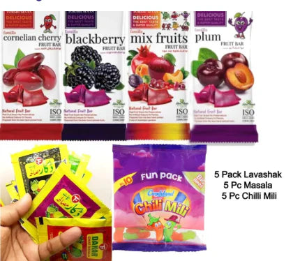 5 Lavashak + 5 Pc Chili mili + 5 Pc Dakar Churan / lavashak Box Ready To Eat